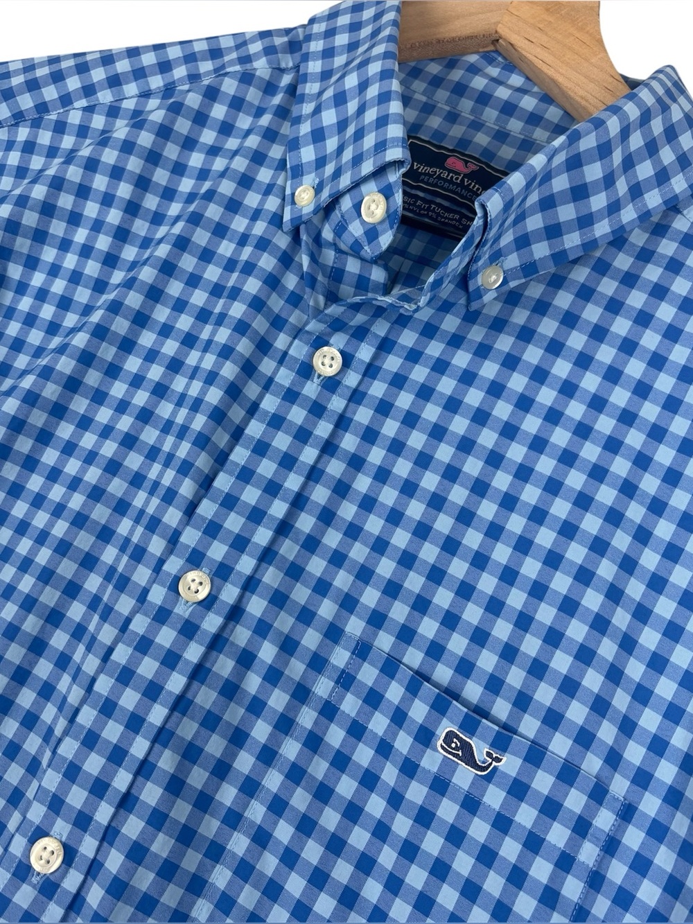 Vineyard Vines Performance Shirt Men Large Blue Gingham Check Classic Fit Tucker